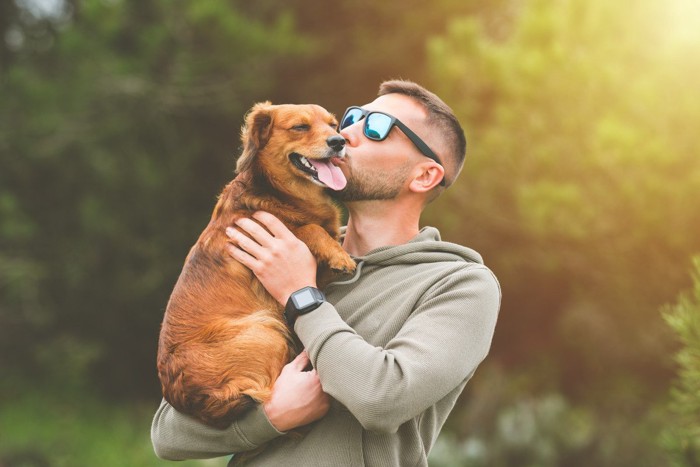 男性にキスされている犬