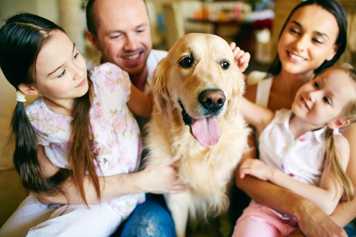 リビングで過ごす家族と犬