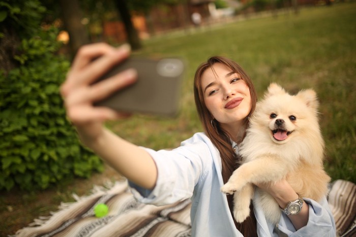 女性に写真を撮られている犬