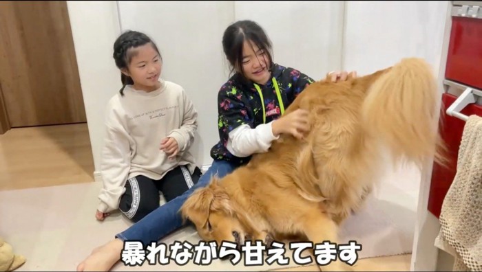 2人の女の子の前でお尻を上げて地面に顔をつける犬