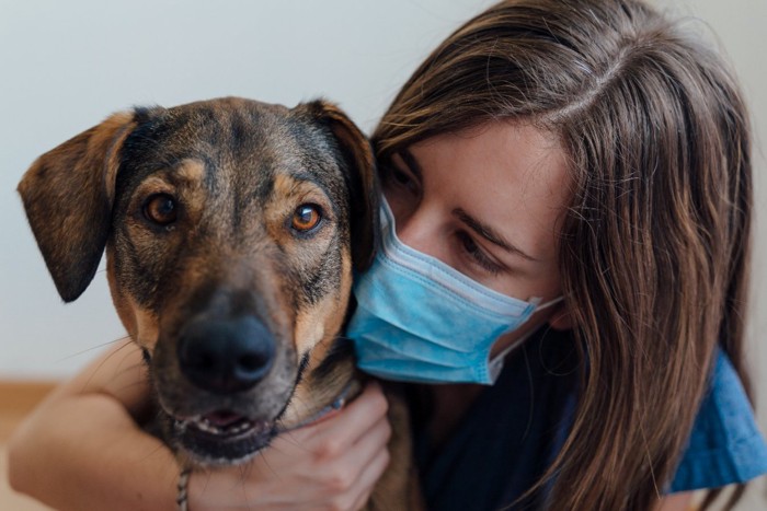 犬に寄り添うマスクの女性