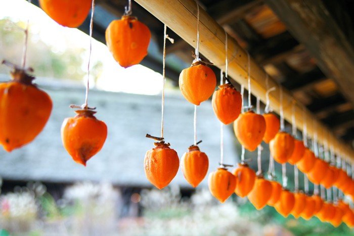 軒下に柿を吊るして干し柿を作っている様子