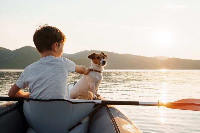 カヌーに乗っている犬と男の子