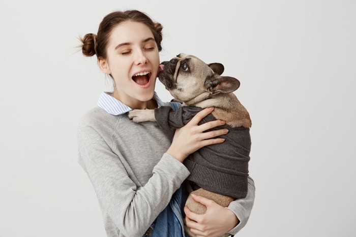 抱っこされて女性の顔を舐める犬