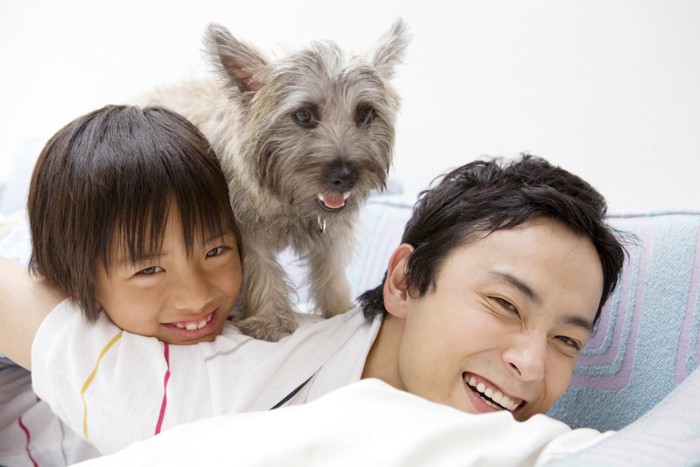 飼い主の上に乗る犬と子ども