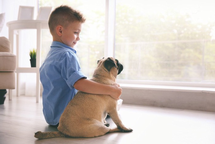 子供の横で一緒に座っている犬