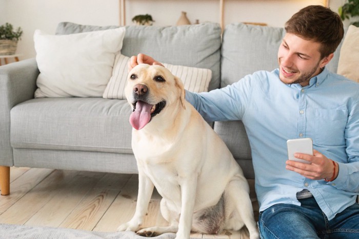 愛犬に触れる男性