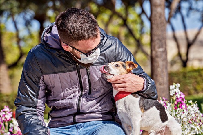 マスクを着けた男性と犬