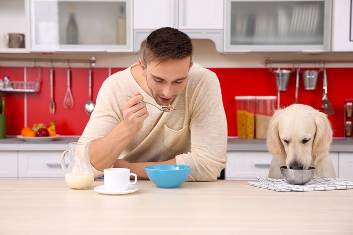 犬と食事をする男性