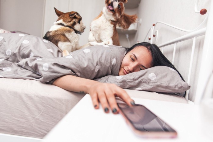 犬に起こされる女性