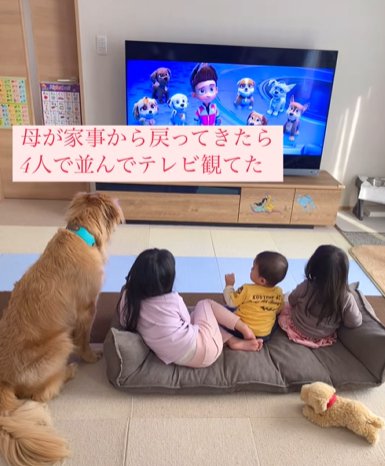 テレビの前で3人の子どもたちと並ぶゴールデンレトリバー