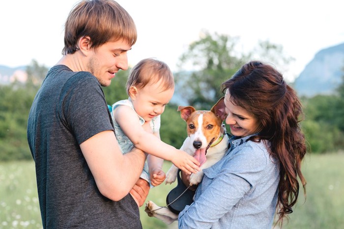 犬を触ろうとする赤ちゃんと夫婦