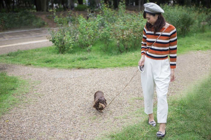 ペットと公園を散歩する女性 