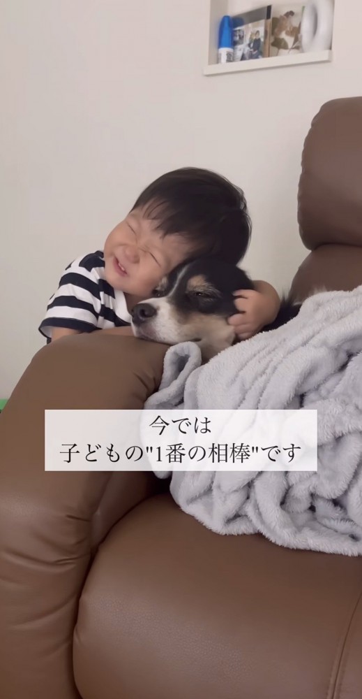 満面の笑みで犬にくっつく男の子