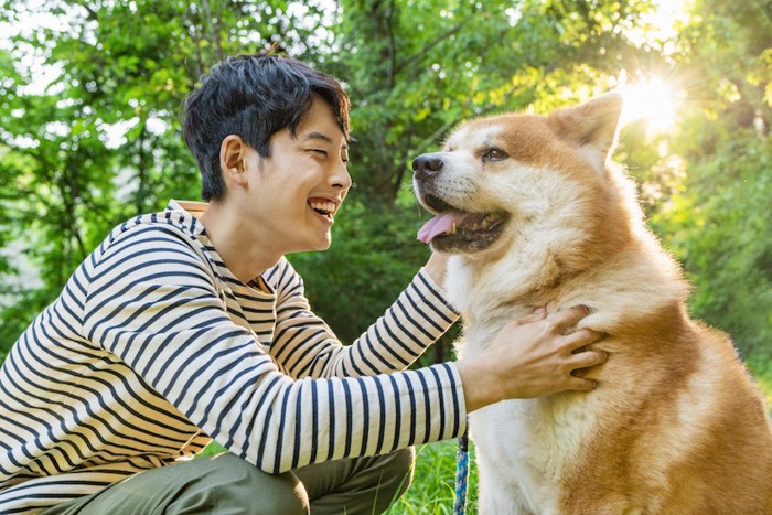 笑顔の男性に撫でられている犬