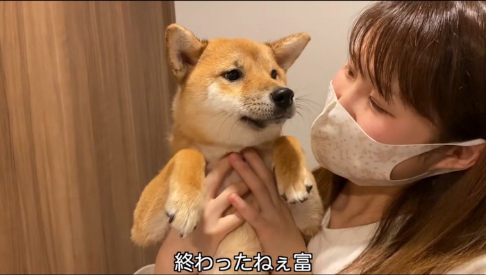 飼い主に抱き抱えられながら話しかけられる犬