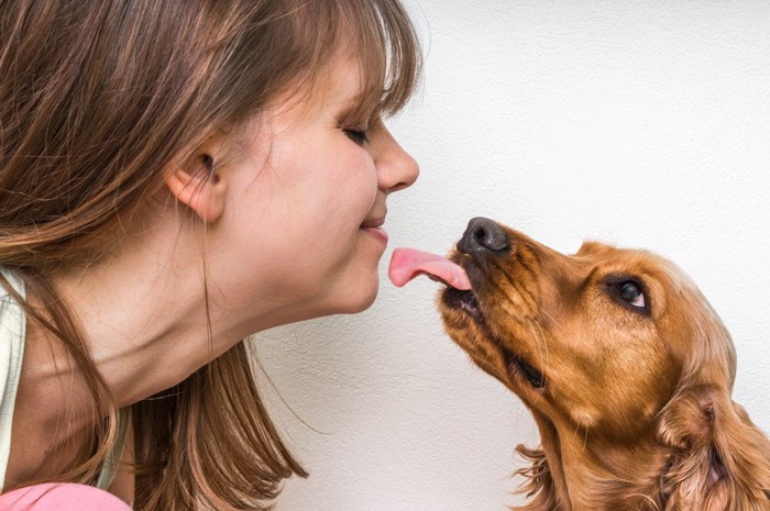 女性の口元を舐めようとする犬