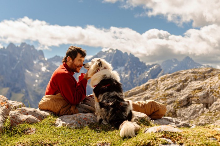 登山をしている犬と男性