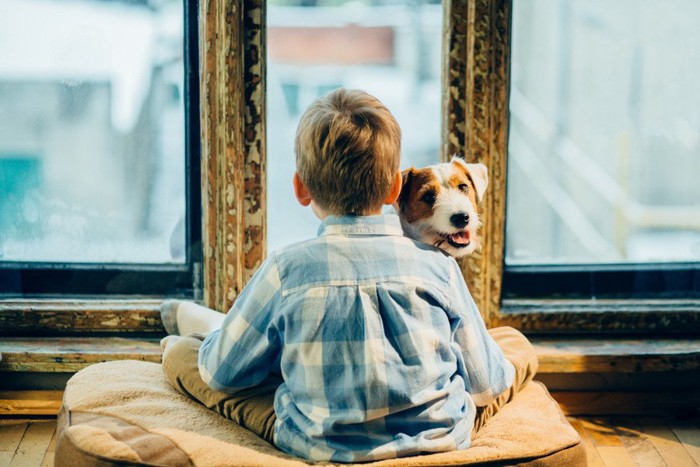 座っている男の子と犬