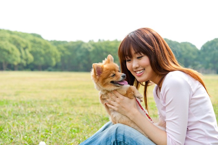 笑顔の女性とポメラニアン