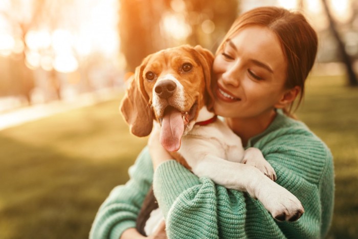 抱きしめられる犬