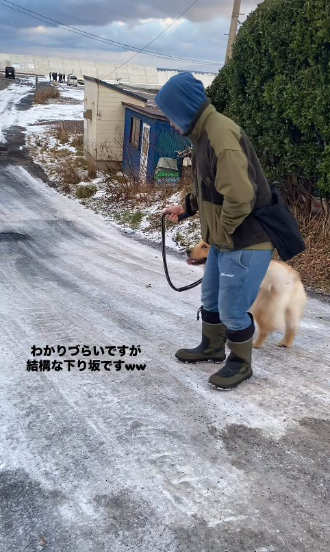 凍った坂を下るじろ君と飼い主さん