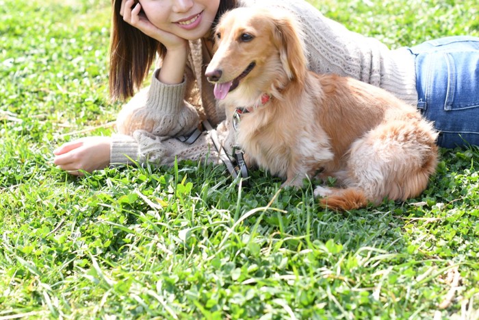 芝生で寝転がる女性と犬