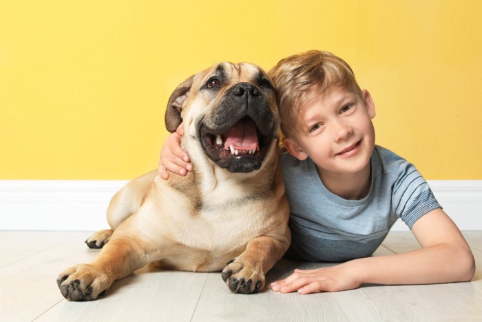 犬を抱き寄せている男の子