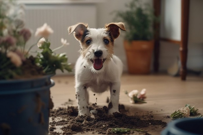 植木鉢にイタズラをした子犬