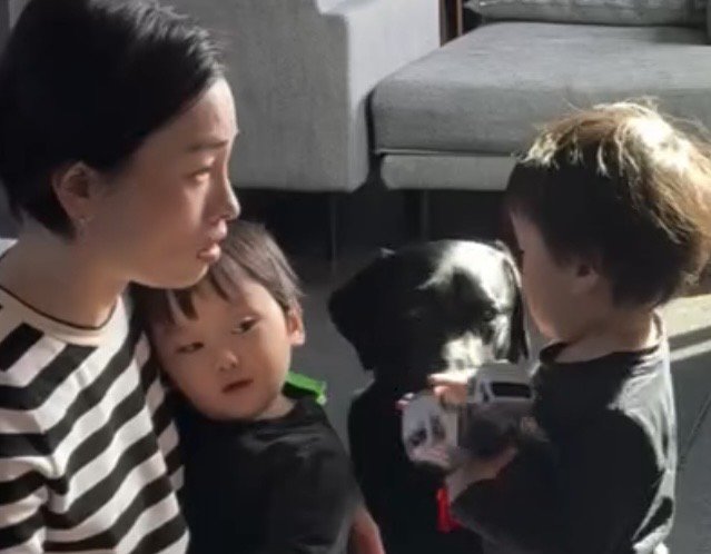 母親と男の子の間で座る犬