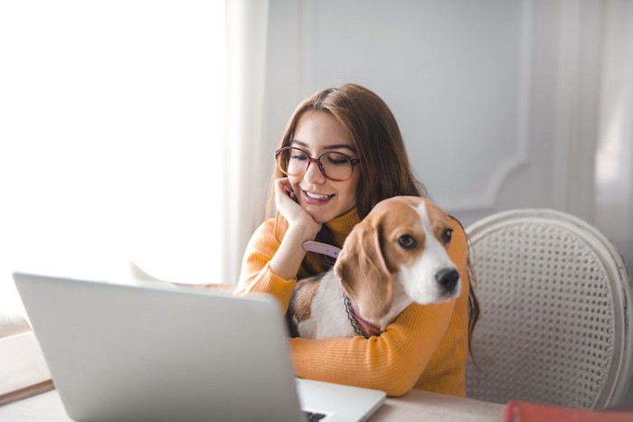 愛犬を抱いてパソコン見る女性