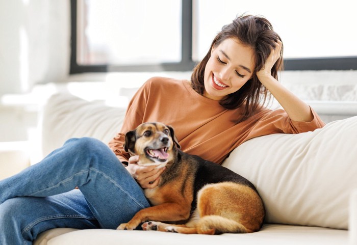 ソファでくつろぐ女性と犬