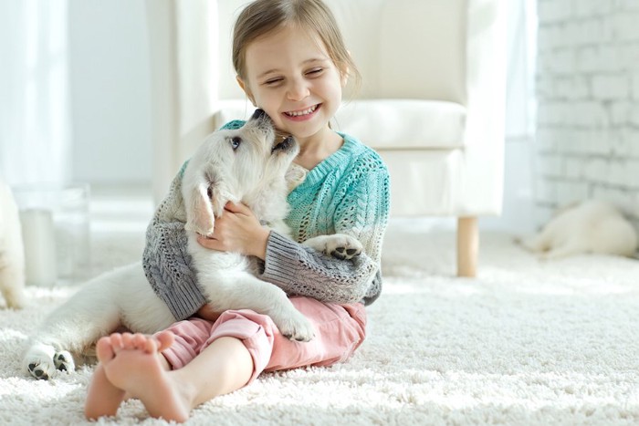 じゃれる子犬を抱く女の子