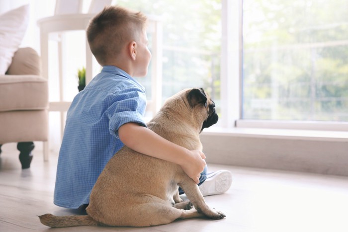 窓のそばに座る犬と子ども