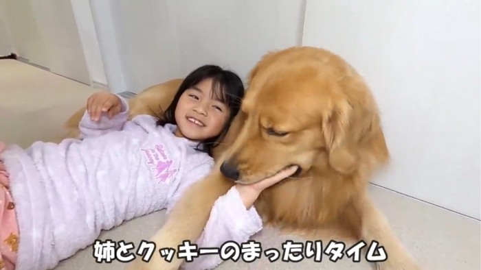 犬のあごに手をおく子供