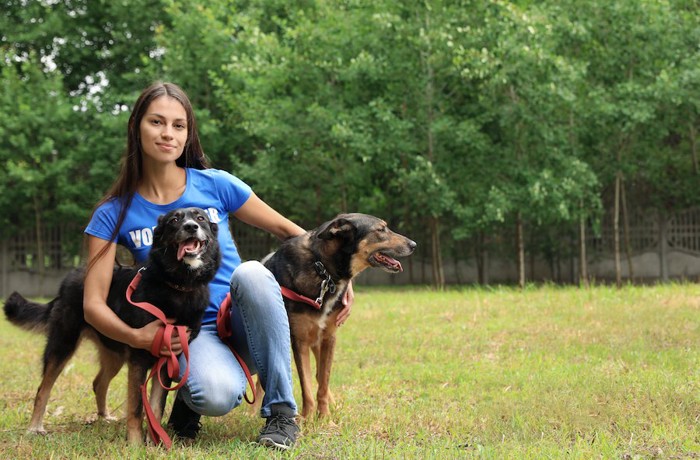 2匹の保護犬を撫でる女性