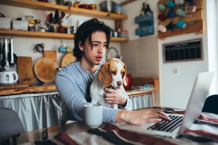 飼い主さんと一緒にパソコンを見る犬