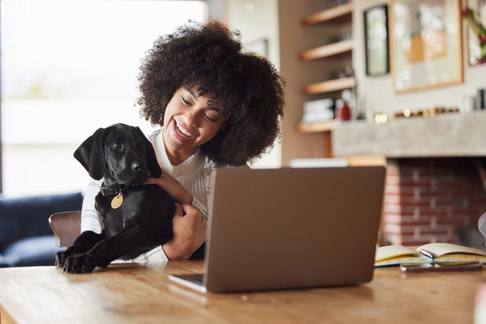 PCで勉強中の女性と犬