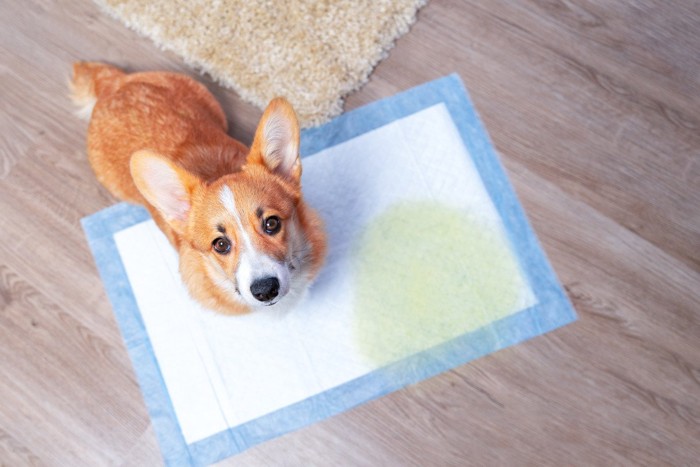 犬とトイレシートにある排泄物