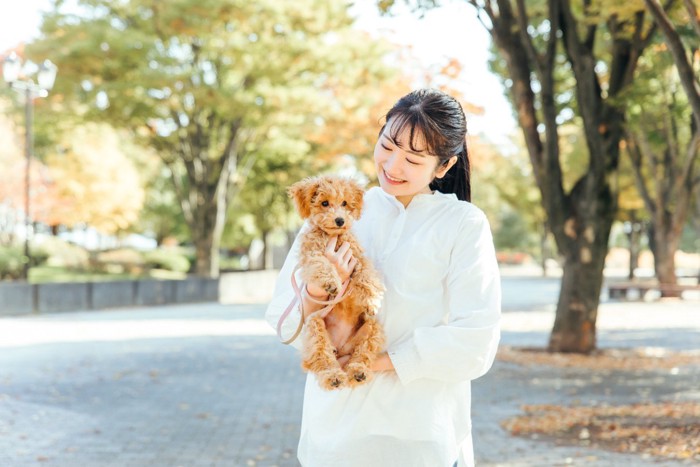 公園で犬を抱っこする女性