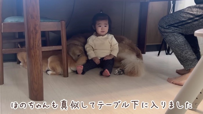 テーブルの下で…