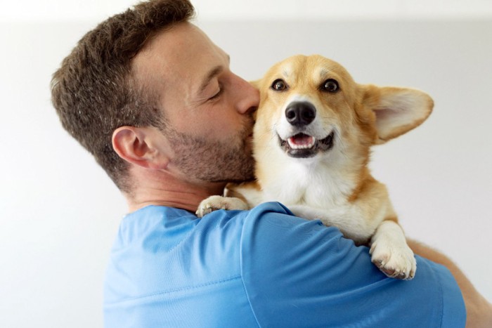 男性にキスされる犬