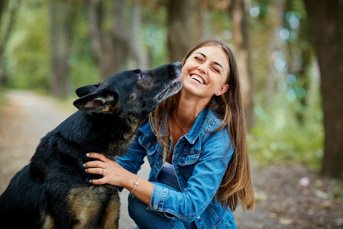 女性にキスしようとしている犬