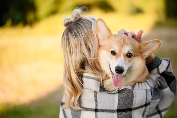 抱っこされている笑顔の犬