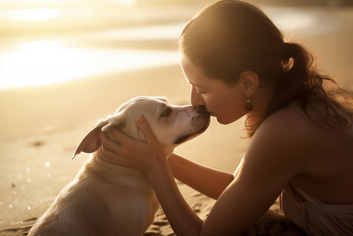 犬にキスする女性