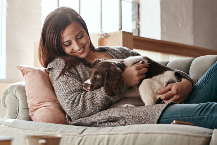 犬を抱っこしている女性