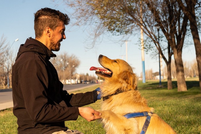 犬と戯れる男性