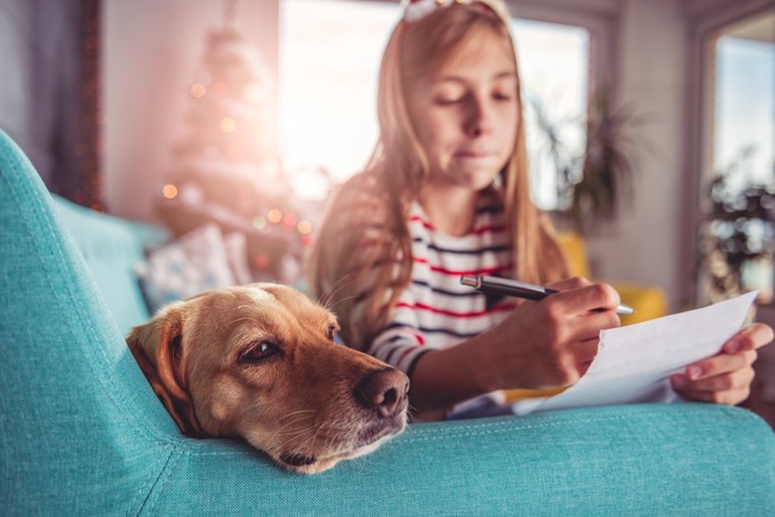 ソファでくつろぐ女の子と犬