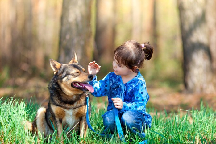 目を細める犬と青い服の女の子