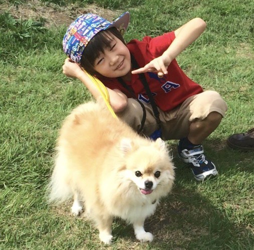 芝生の上の男の子とクッキー